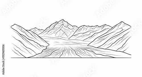 Mountain range and glacier in a stylized line drawing