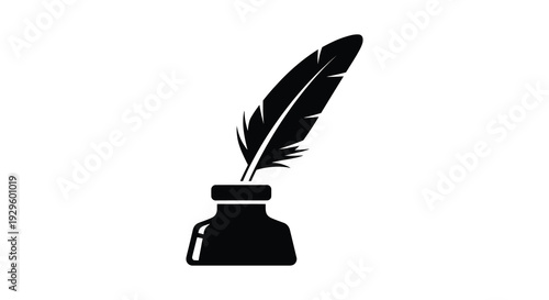 A strikingly simple image depicting a black quill pen resting in an inkwell presented as a silhouette high quality