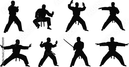 Set of black martial arts silhouettes performing karate and judo poses isolated on white background, featuring fighters in traditional uniforms, kata stances, and samurai sword training.
