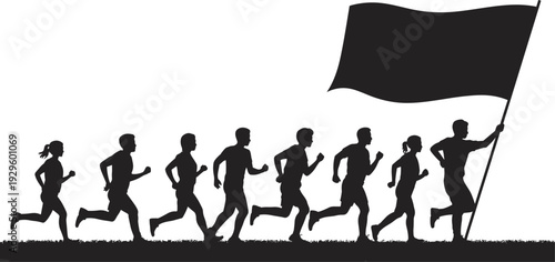 Large collection of black silhouettes featuring a diverse group of male and female athletes running together behind a leader holding a large flag on white