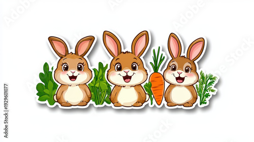Wallpaper Mural Cute bunny stickers featuring three adorable rabbits with big ears and cheerful expressions, surrounded by fresh vegetables like carrots Torontodigital.ca