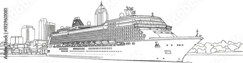 A large cruise ship sails past a city skyline and natural landscape