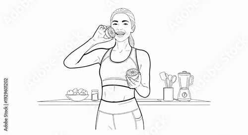 Fit woman in sportswear holds citrus fruit slices, kitchen counter with blender and fruit