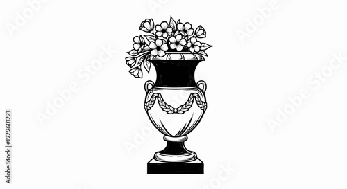 Ornate vase with a bouquet of blooming flowers and delicate leaves