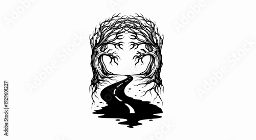 Twisted trees frame a winding road leading into darkness and unknown