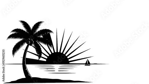 Silhouette of a tropical island scene with a palm tree, sun setting over ocean, sailboat