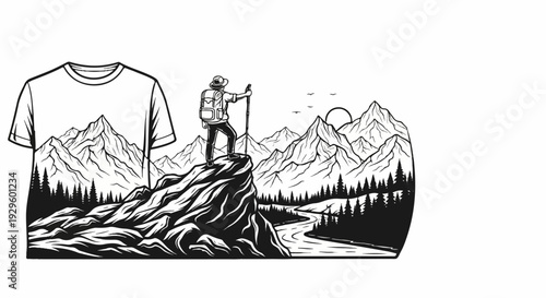 Hiker stands on a rocky peak overlooking a vast mountain range at sunrise