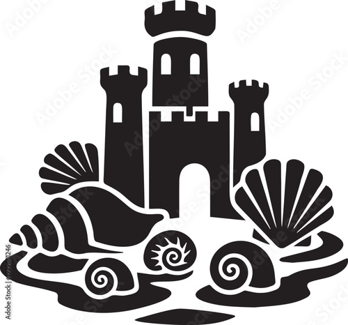 Black silhouette of sandcastle surrounded by shells and snails on wavy lines, emblematic of beach vacation