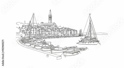 A black and white sketch of a harbor filled with sailboats and smaller boats