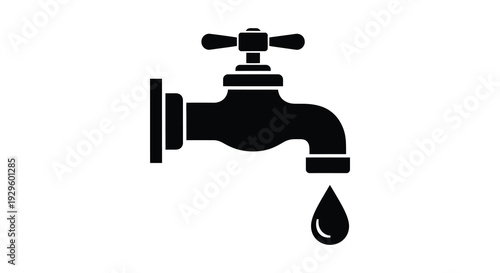 A stark black silhouette of a classic water faucet shows a single dripping drop representing conservation high quality professional