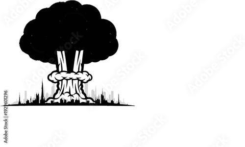 A black and white illustration of a mushroom cloud erupting over a city skyline