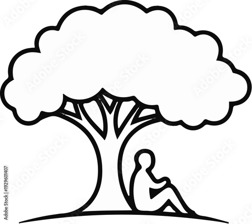 Silhouette of a person resting under a large, leafy tree