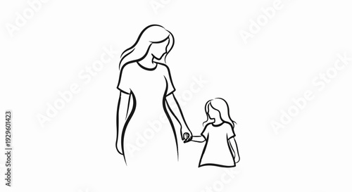 A line drawing depicts a woman and child holding hands, facing away