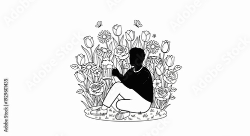 Person holding a frothy beer mug sits amidst a vibrant field of blooming flowers and fluttering butterflies
