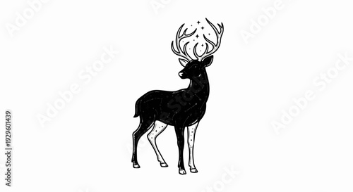 A black deer with constellations and stars on its body and antlers