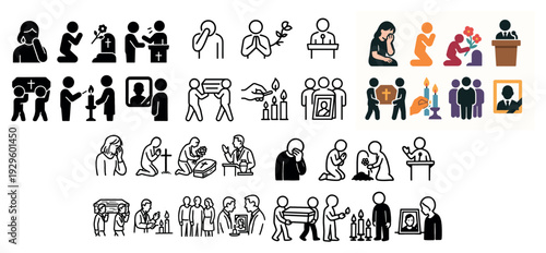 Funeral and mourning icons showing prayer and grief.