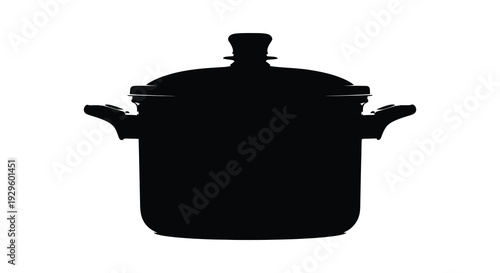 A striking black silhouette of a large stockpot with handles and a lid isolated on a white background silhouette