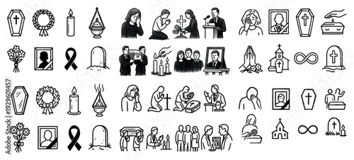 Funeral and memorial service symbols and scenes