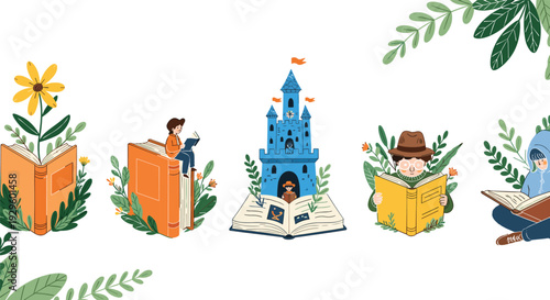 Set of whimsical book illustrations featuring children reading, a magical castle emerging from pages, and giant flowers growing from books, isolated vector,
