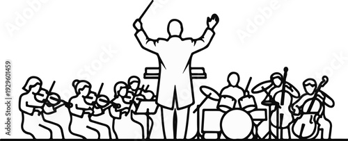 An orchestra performs with a conductor leading, featuring string instruments and drums