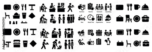 Restaurant and staff service icons display.