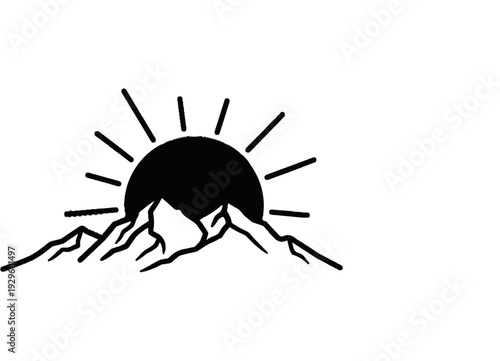 A black sun rises over jagged mountains in a minimalist illustration