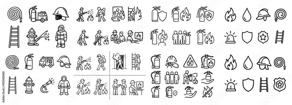 Obraz premium Firefighting and emergency response icons in line style