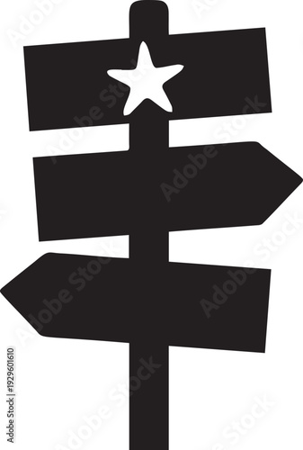 Three-way signpost silhouette with star topper, pointing left and right, graphic representation of choices on transparent background.