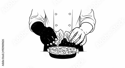 Hands in chef attire preparing fresh leafy greens for a salad in a bowl