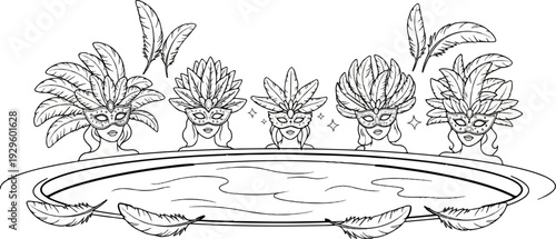 A festive scene with masked figures and ornate feathers above a rippling body of water