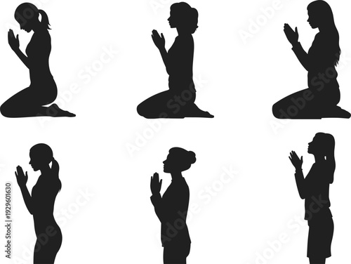 Set of black silhouettes featuring various women praying and meditating in kneeling and standing positions isolated on white background, representing faith, devotion, and spirituality.