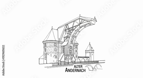 An intricate sketch showcases an arched bridge structure connecting two imposing stone towers, a scene rich in history