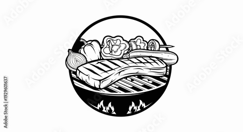 A black and white illustration of grilled steak and vegetables on a grill with flames