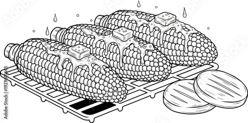 Three buttery corn on the cob ears with drips on a grill rack, next to two grilled slices