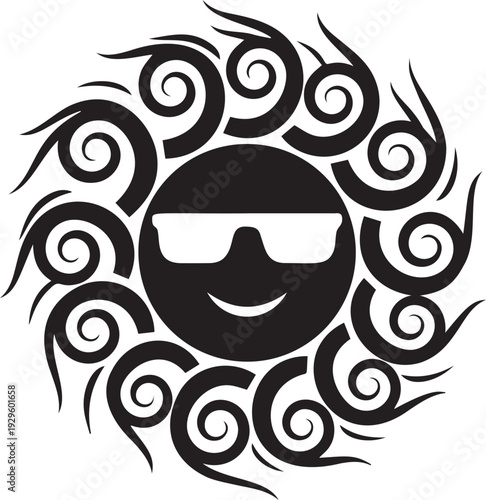 Stylized sun emoji wearing sunglasses surrounded by swirling tribal patterns, cool and fun black silhouette on transparent.
