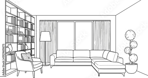 Modern living room interior line art illustration with large sectional sofa armchair floor lamp bookshelf and topiary plant for home decoration and coloring book