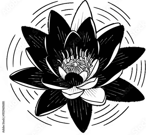 Stylized black and white drawing of a blooming water lily with radiating lines