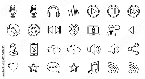 Black Lineart 20 Podcast Icon Set Vector – Audio and Broadcasting Symbols