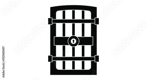 A stark black silhouette of a vintage wooden door with a central lock and barred design silhouette high quality