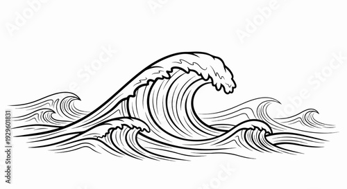 Bold black ink lines create a dynamic scene of cresting ocean waves, depicting motion