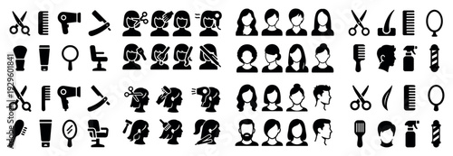 Hair salon tools and stylist silhouette icons