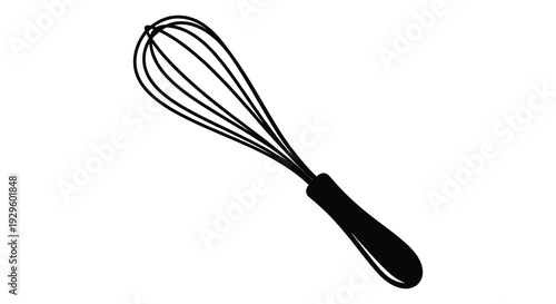 A stark black silhouette of a kitchen whisk against a plain white background emphasizing its functional form silhouette