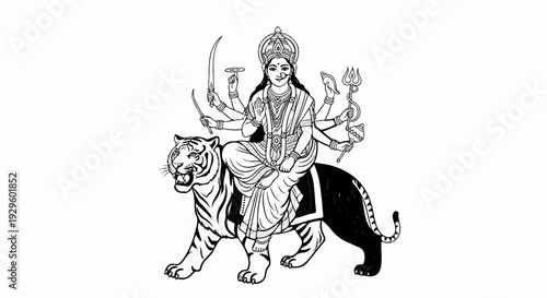 Divine female figure with multiple arms rides a powerful tiger, holding sacred objects