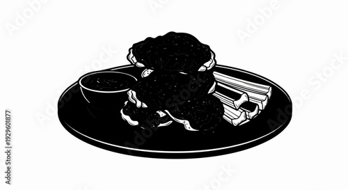 Appetizing fried food with dipping sauce and vegetable sticks presented on a plate