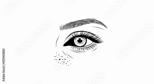 Detailed ink drawing of a single human eye with long lashes and freckles