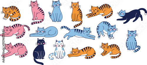 Set, of, cute, cat, characters, collection, vector, illustration, colorful, funny, pets, in, different, poses, sitting, lying, playing, stretching, isolated, on, white, background