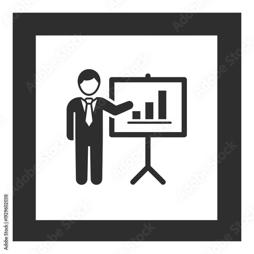 Businessman presenting bar chart on flipchart in meeting room setting icon