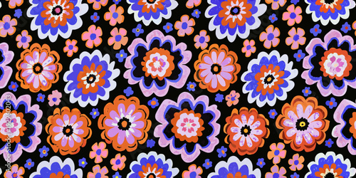 A vibrant repeating floral pattern with orange blue and pink blooms