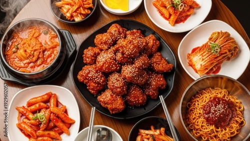 A variety of Korean dishes are arranged on a wooden table