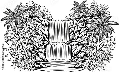 A lush jungle waterfall cascades down rocky cliffs, surrounded by palm trees and tropical foliage